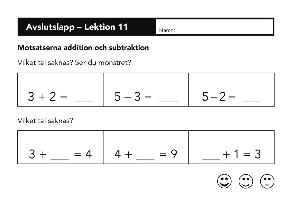 Avslutslapp till lektion 11, kapitel 2, åk 1, Rik matematik.