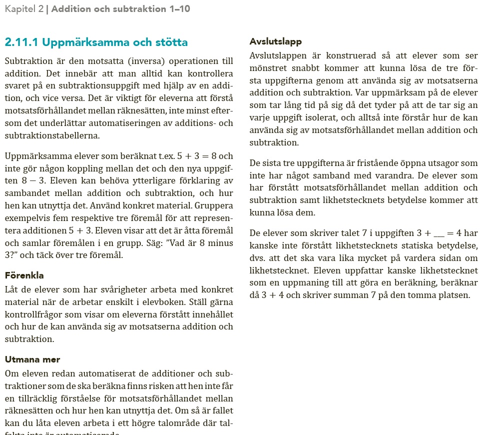 Stöd för analys av avslutslappen i lektion 11, kapitel 2, åk 1 i Rik matematik.